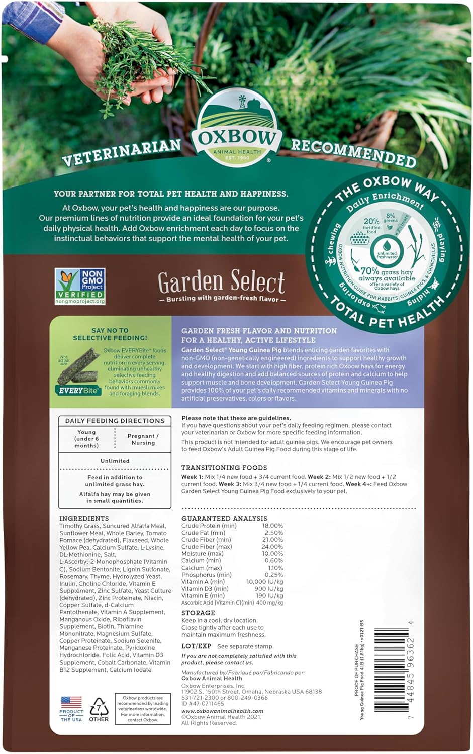 Oxbow Garden Select Young Guinea Pig Food, Alfalfa & Timothy Hay Guinea Pig Pellets, High Fiber for Digestive Health, Vitamin & Mineral Pet Food Pellets, Small Pet Products, Made in USA, 4 lb Bag