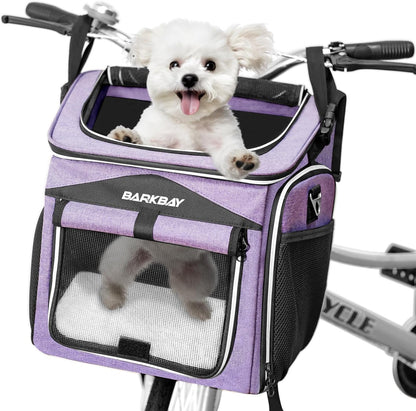 BARKBAY Dog Bike Basket Carrier, Expandable Foldable Soft-Sided Dog Carrier, 2 Open Doors, 5 Reflective Tapes, Pet Travel Bag,Dog Backpack Carrier Safe and Easy for Small Medium Cats and Dogs(Purple)