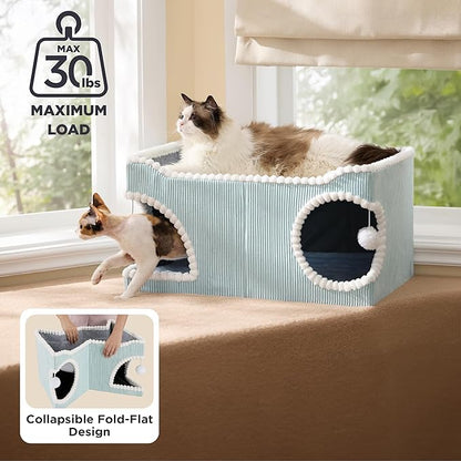 Bedsure Cute Cat House for Indoor Cats - Extra Wide Cat Scratch House with Large Top Sisal Scratch Pad for Multiple Cats, Foldable Kitty Cave Hideaway for Entertainment, 23.6x15.9x12.6inches, Blue