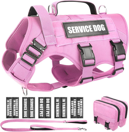 WINSEE Tactical Dog Harness with Dog Leash, Service Working MOLLE Vest with 10 Pet Patches for Dog, No Pull Military Harness and Backpack for Training Hunting Walking