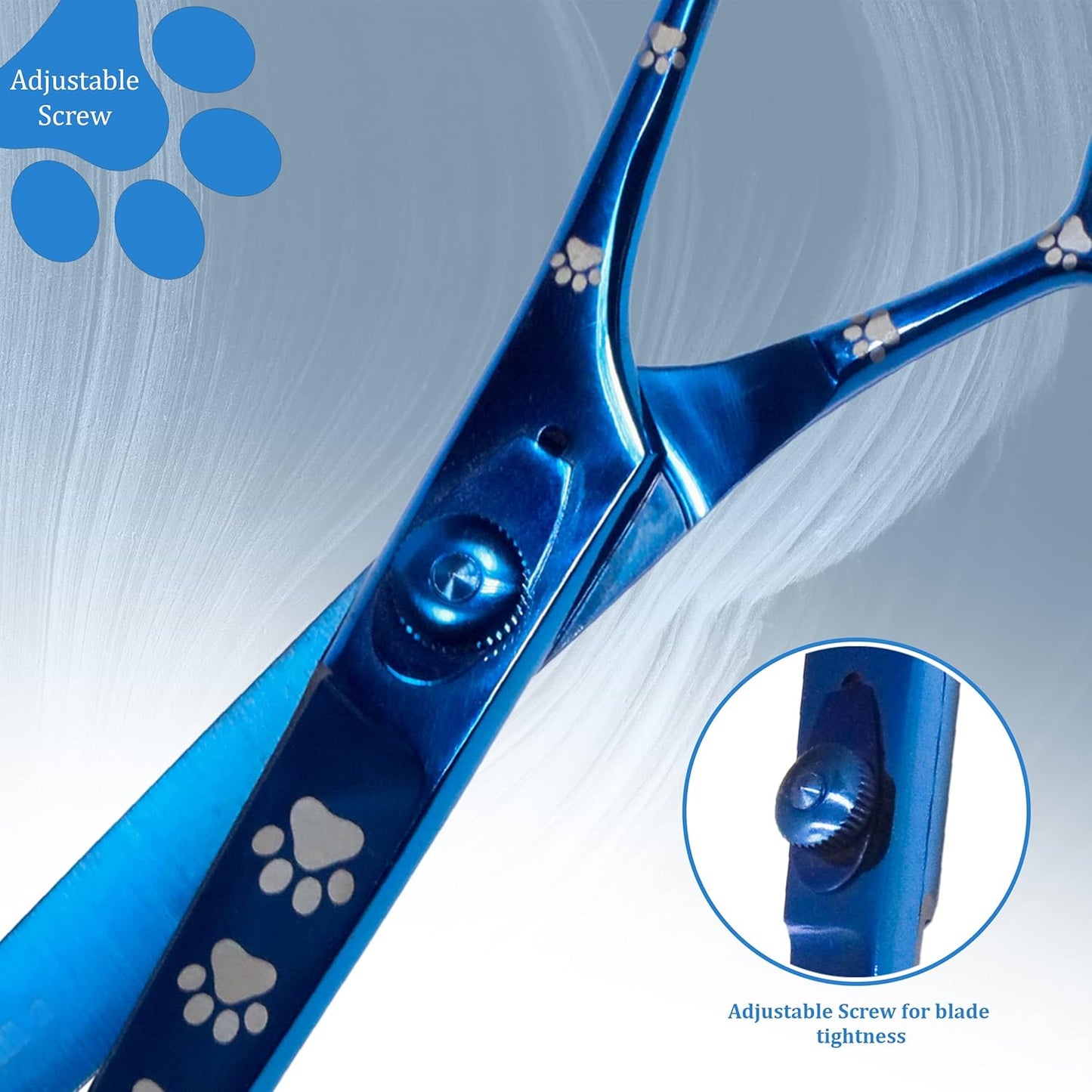 Professional Dog Grooming Scissors/Shears, Straight, with Paw Prints for Dogs, Cats & Pets (Right Handed, Blue, Stainless Steel 8 Inch)