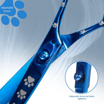 Professional Dog Grooming Scissors/Shears, Straight, with Paw Prints for Dogs, Cats & Pets (Right Handed, Blue, Stainless Steel 8 Inch)