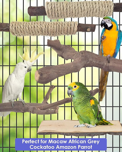 Bissap 5PCS Large Bird Perch Stand, Natural Wood Pole Standing Paw Grinding Fork Parrot Cage Branch with Rope for Macaw African Grey Amazon Pet Medium Large Birds Cage Accessories