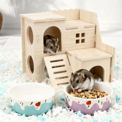 Wontee Hamster Food Bowl 2 Pack Ceramic Food Water Bowl Anti-Tipping for Dwarf Hamsters Gerbil Mice Hedgehog Guinea Pig (Blue+Purple)