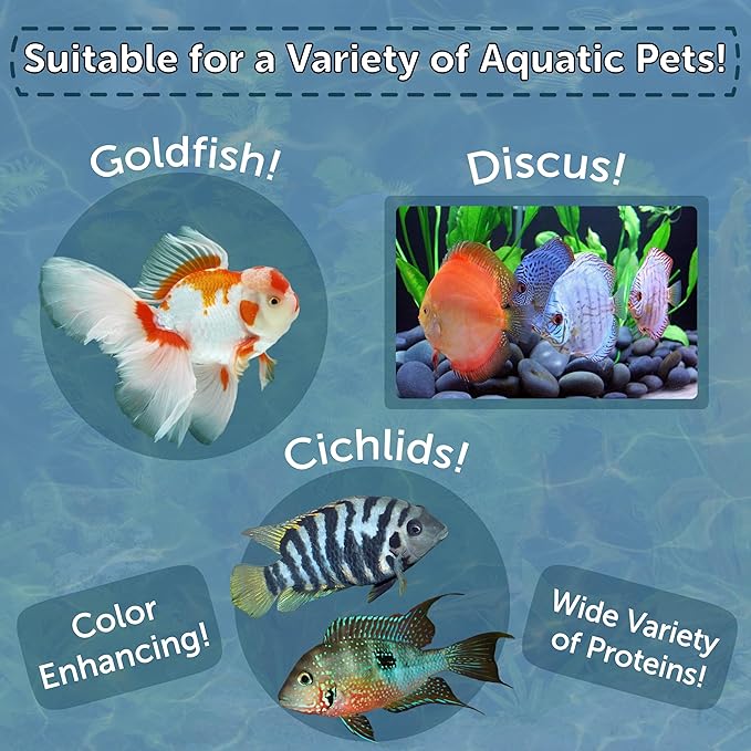 Aquatic Foods Inc. 12-Type Floating & Sinking California Blackworm & Coloring Pellets of 1mm, 2mm, 3mm Size for All Tropical Fish, Koi and Pond Fish, 4-Type Wafer Mix Included...10oz Canister