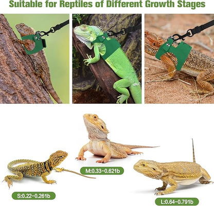 Bearded Dragon Harness Leash Set 3 Size Adjustable Lizards Training Walking Leather Vest Escape-Proof Traction Rope for Outdoor Small Reptiles Animal Squirrels (Green)