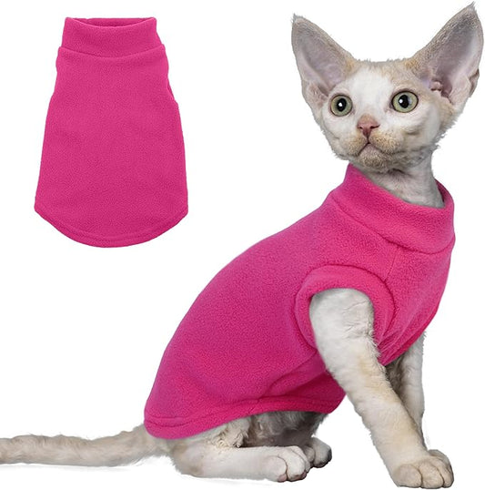 PUMYPOREITY Cat Sweater, Warm Kitten Clothes, Fleece Winter Coat for Hairless Cats, Soft Dog Fleece Vest, Cold Weather Pet Sweater for Dogs and Cats, Rosepink, M