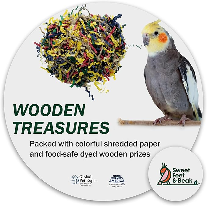 Sweet Feet and Beak Super Shredder Ball - Bird Cage Accessories to Keep Your Bird Busy Foraging for Hidden Treasures - Non-Toxic, Easy to Install Bird Foraging Toys for Small Sized Birds - 3 Inch