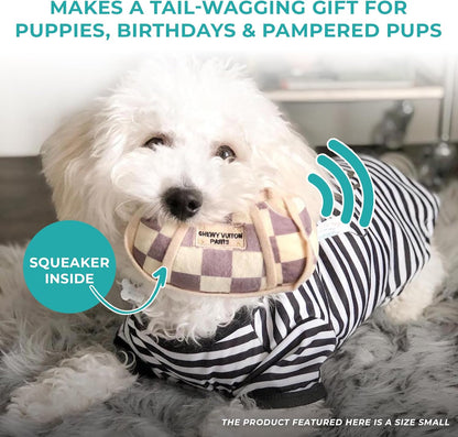 Haute Diggity Dog Checker Chewy Vuiton Handbag, Plush Designer Dog Toys with Interactive Squeaker, Stimulating Pet Enrichment, Machine-Washable & Safe Materials for All Breeds, Size Small