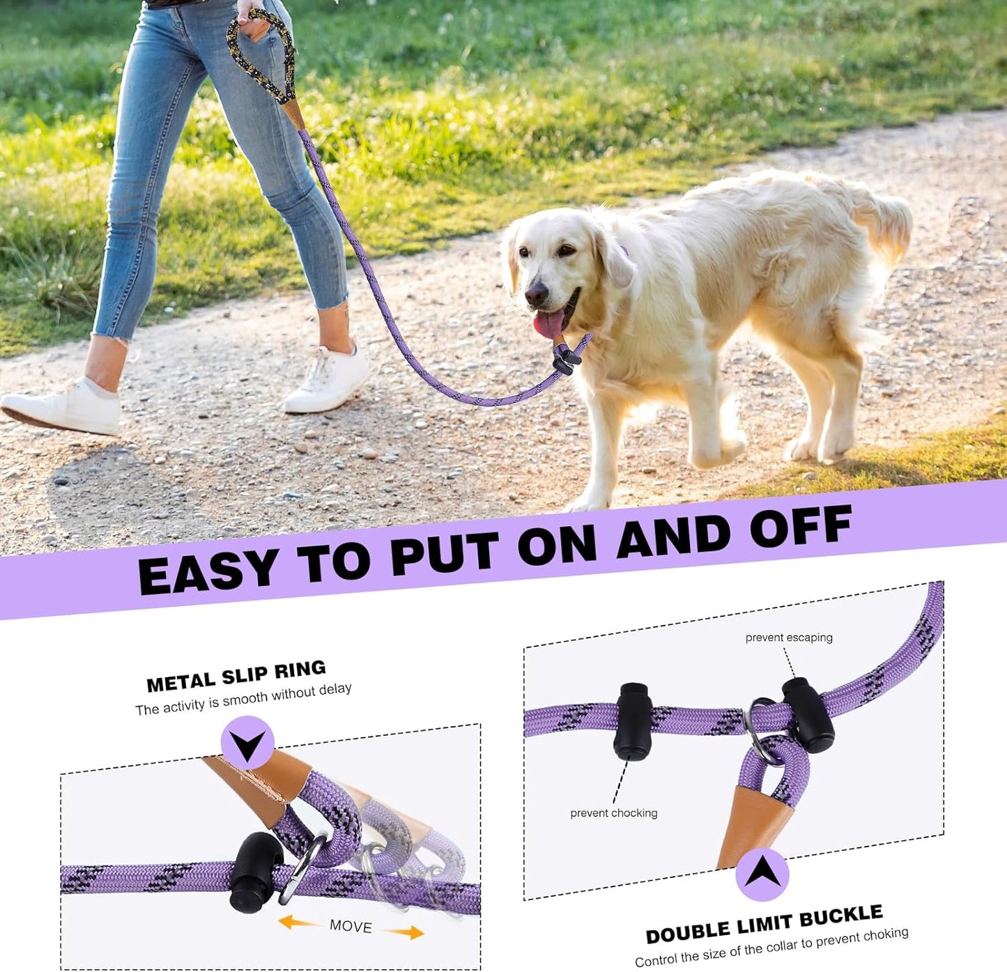 lynxking Slip Lead Dog Leash Reflective, Heavy Duty Comfortable Strong Rope for Large Medium Small Dogs No Pull Pet Training (Light Purple, Large 1/2in x 6ft-Slip Lead)