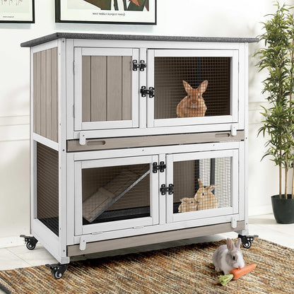 2 Story Rabbit Hutch Indoor with 2 Deeper Pull-Out Trays, Wooden Rabbit Cage with 4 Lockable Wheels, Ramp, Chew-Anti Metal Strip for Rabbit, Guinea Pig, Hamster(36" L x 17.8" W x 36.7" H)