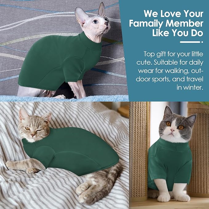 SUNFURA Turtleneck Sweater for Cat, Sphynx Hairless Cats Shirt Sweaters with Sleeves, Warm and Soft Kitten Pullover Fleece Winter Pajamas Jumpsuit for Puppy, Green L