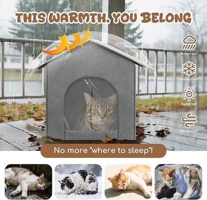 Outdoor Cat House Weatherproof, Insulated Cat Houses for Outdoor/Indoor Cats for Winter, Waterproof Feral Stray Cat Shelter with Warm Cushion and Door Curtain, Easy to Assemble, Grey