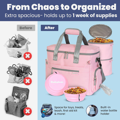 The Original Doggy Bag™- Dog Travel Bag for Supplies - Ultimate Gift for Dog Moms & Dads, Doggy Lovers & Pet Owners for Christmas- Includes 2 BPA-Free Travel Bowls and 2 Food Containers: Lt. Pink