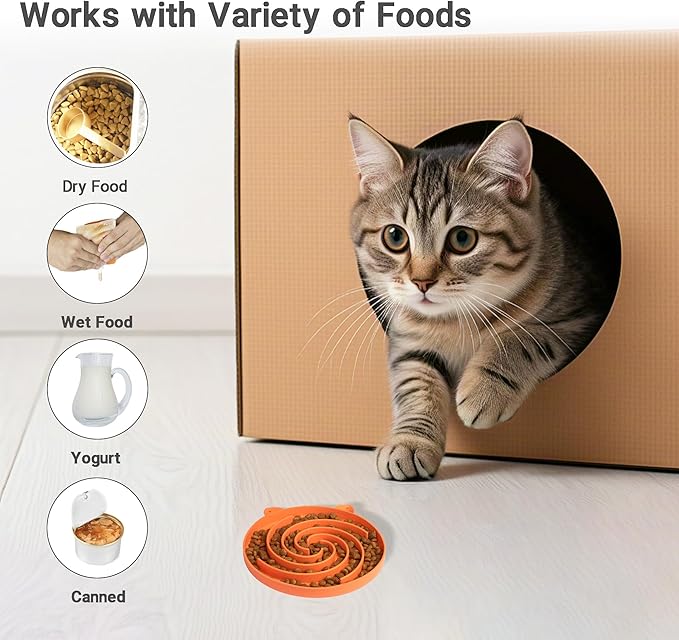 Slow Feeder Cat Bowl, Easy to Clean Silicone Bowl, Ideal for Dry and Wet Food (Orange and Cyan)