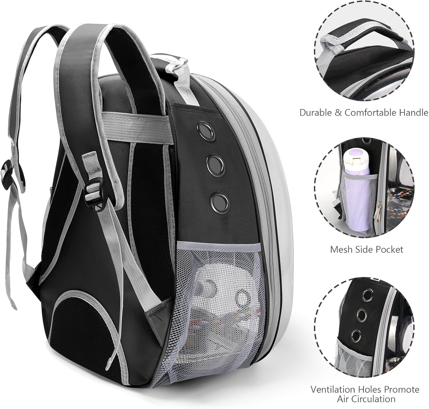 Bird Backpack Carrier, Travel Bird Cage for Small Medium Size Parrot Parakeet Budgies Cockatiel, Portable Clear Bubble Window Bag with Stainless Steel Tray Food Bolw Standing Perch (Black)