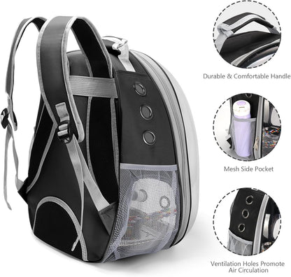 Bird Backpack Carrier, Travel Bird Cage for Small Medium Size Parrot Parakeet Budgies Cockatiel, Portable Clear Bubble Window Bag with Stainless Steel Tray Food Bolw Standing Perch (Black)