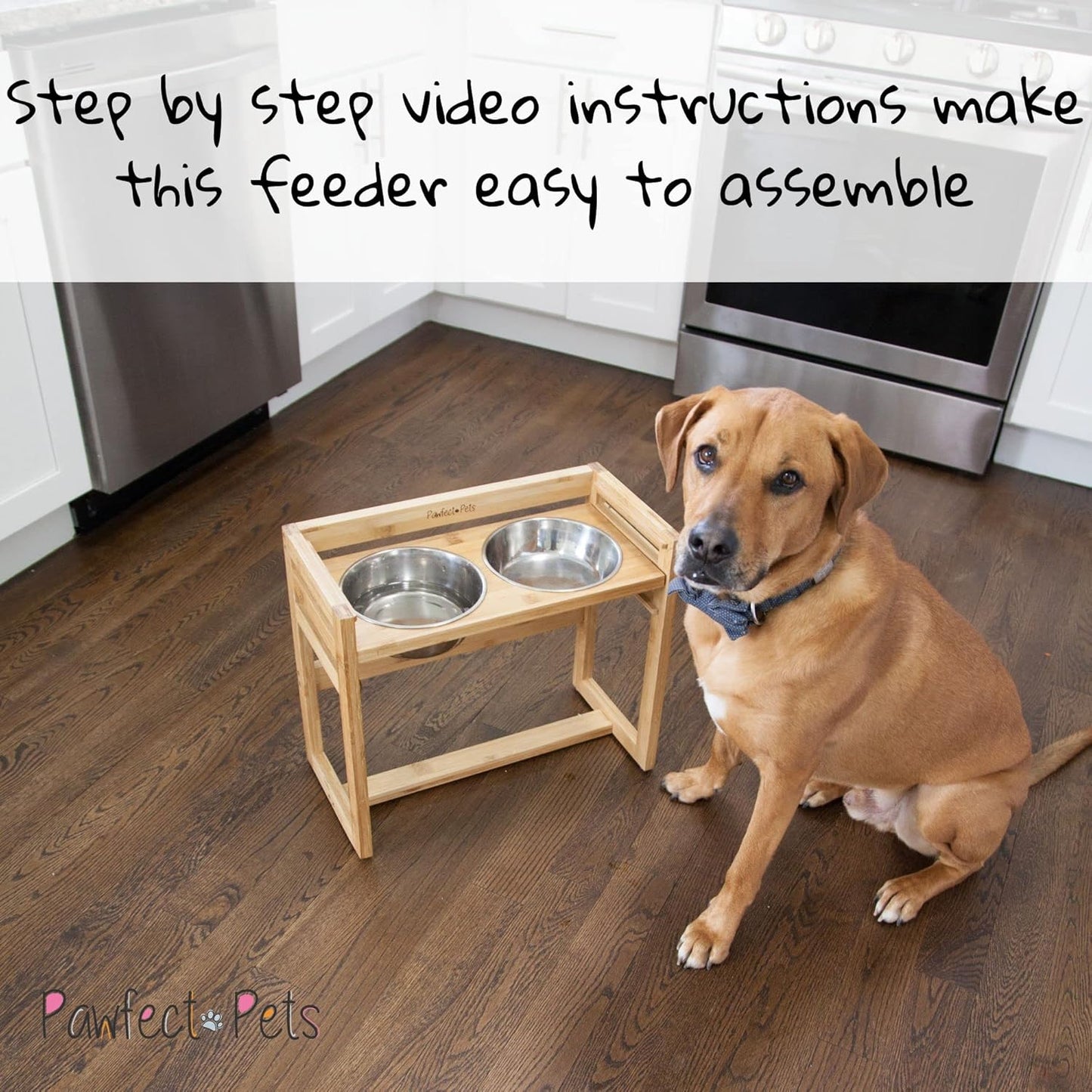 Adjustable Height Elevated Dog Bowls for Large Dogs- 12”, 14”, or 16” Tall with Four Stainless Steel Dog Bowls by Pawfect Pets