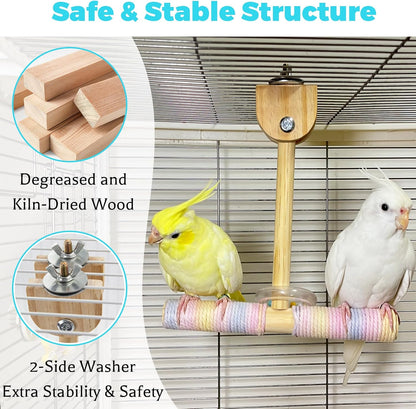 Bird Swing Toys with Rustling Sound, Colorful Cotton Rope Perch for Parrots' Soft Grip, Wooden Parakeet Swing Perch for Balance Training, Swaying Bird Cage Toys for Budgie Cockatiel Lovebird