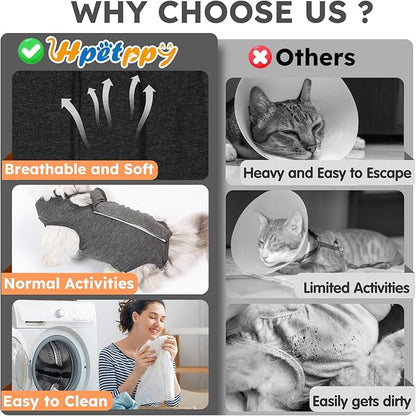 Cat Recovery Suit After Surgery, Breathable Cat Surgery Recovery Suit for Spay Abdominal Wounds or Skin Diseases, E-Collar Alternative Wear for Small Male Female Pets (Dark Grey, L)