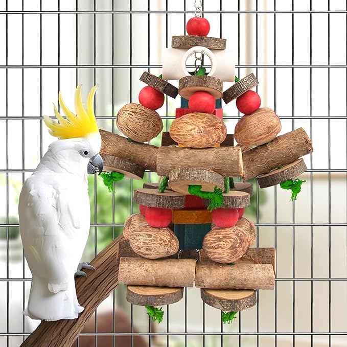 Kyouki Large Parrot Toy, Bird Toys for Cockatoos,Macaws, African Grey, Amazon Parrots,Conures, Lovebirds, Multicolored Natural Wooden Blocks Chewing Toys Bird Cage Accessories (Natural)