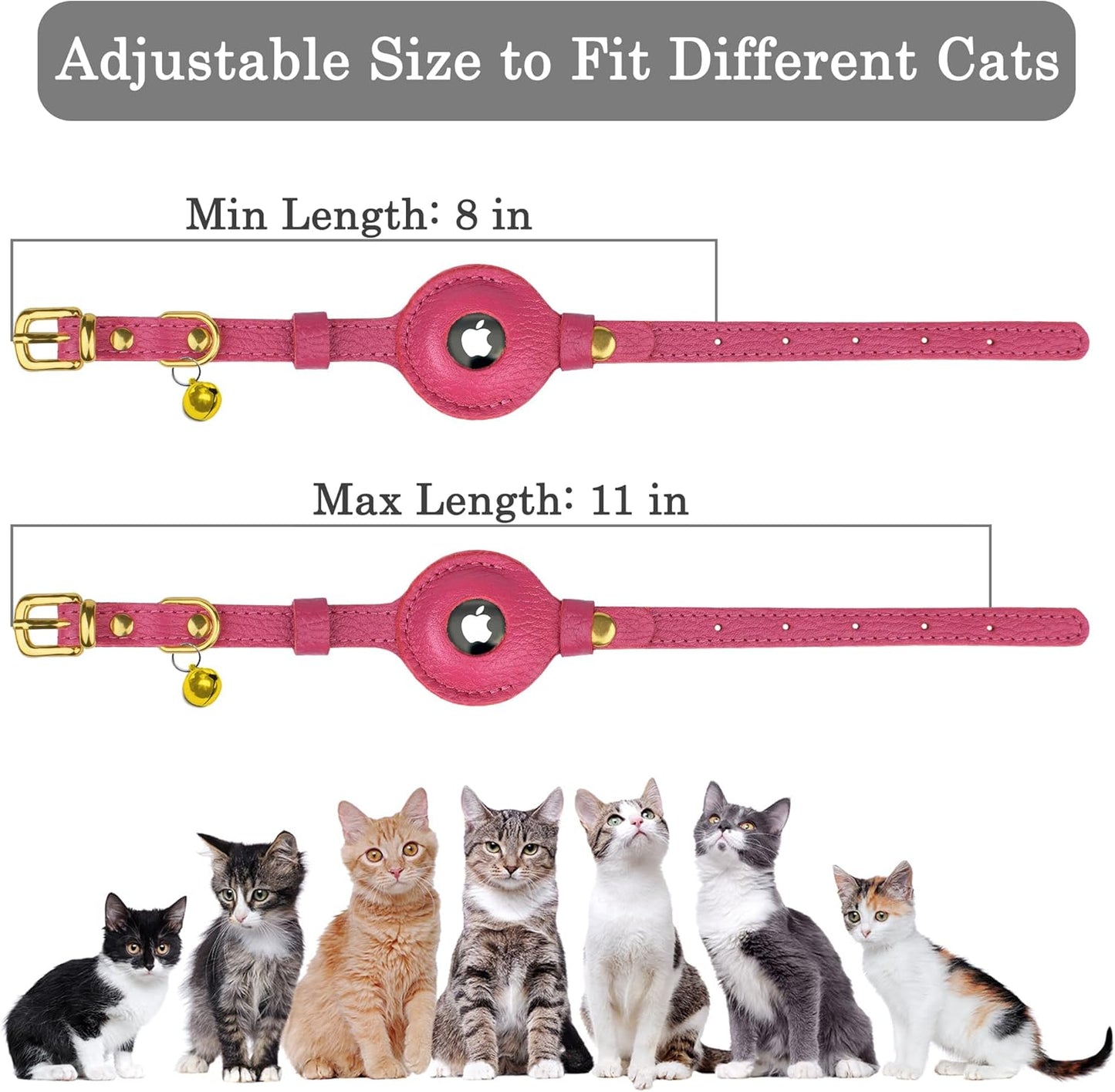 OOPSDOGGY Leather AirTag Cat Collar with Bell - Non Breakaway Kitten Collar with Apple Air Tag Holder - Lightweight GPS Pet Collars for Girl Boy Cats, Small Dogs, Puppies (Pink)