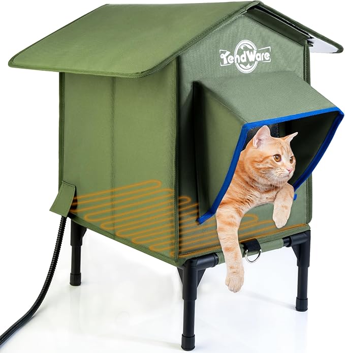 Heated Cat House for Outside Outdoor Cat House with Elevated Base Cat-Attracting Eave Design Feral Stray Shelter Weatherproof in Winter Garage Yard Porch Size S