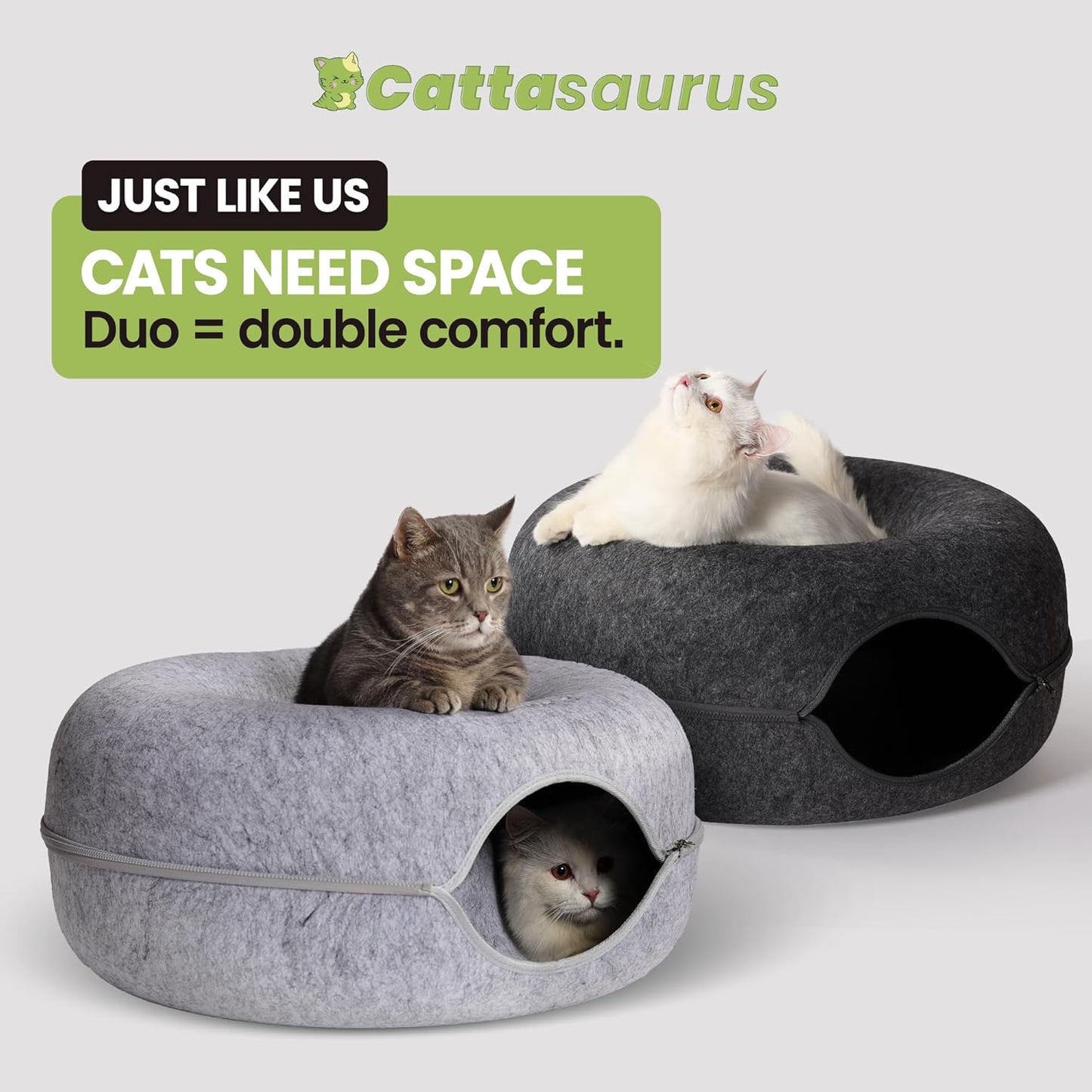 CATTASAURUS Peekaboo Cat Cave for Multiple & Large Cats Up to 30-45 Lbs, Scratch Detachable & Washable Tunnel Bed, Comfy Donut Cat Cave (Light Gray + Dark Gray, Large)