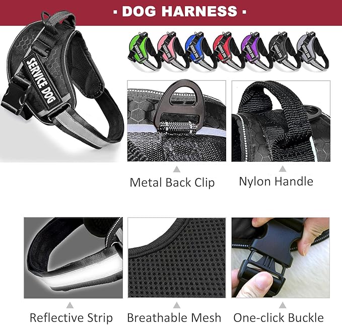 Service Dog Vest, 9 Dog Patches No Pull Dog Harness and Leash Set with Handle,Easy On and Off Pet Vest Harness with Night Safe Reflective Straps for Small Medium Large Breed Dogs