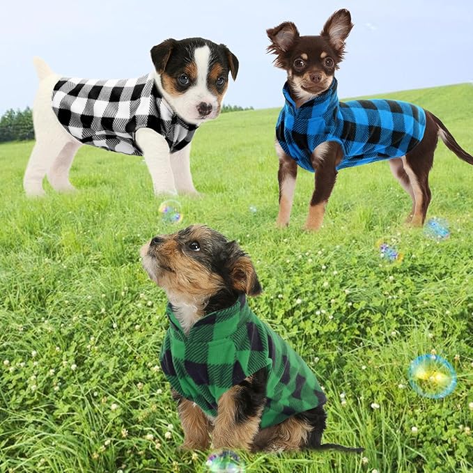 KAMA BRIDAL 3 Pack Spring Autumn Winter Coat Pullover Fleece Vest for Cats Small and Medium Dogs - Thin Sweater Blue Green Black Plaid (M)