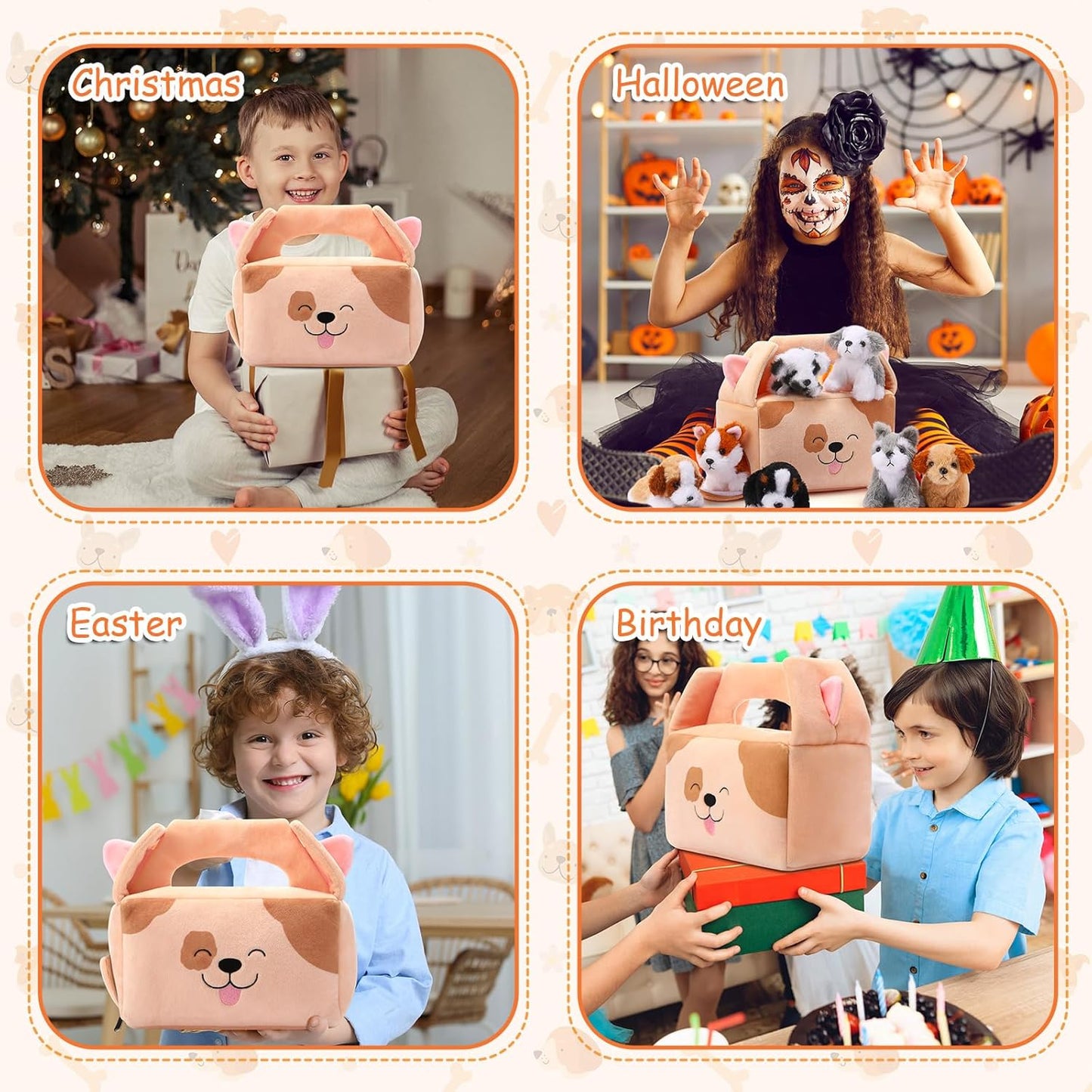 8 Pcs Dog Stuffed Animal Set Plush House with 7 Soft Stuffed Animal Plush Toy for Kids Christmas Birthday Halloween Pet Gift Party Favors Goodie Bags Stuffers