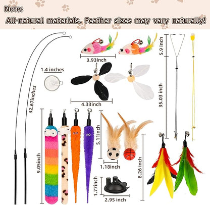 Cat Feather Toys, Enhanced Suction Cup Cat Toys, Interactive Cats Teaser Wand, 10pcs Fishing Pole Feathers Toy Replacements & 2pcs Bouncy Balls, 2 Types Door Hanging Cats String Toy