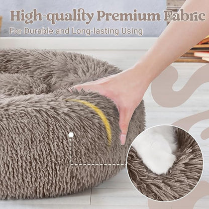 rabbitgoo Cat Beds for Indoor, 20 inches Machine Washable, Fluffy Round Pet Bed Non-Slip, Calming Soft Plush Donut Cuddler Cushion Self Warming for Small Dogs Kittens, Khaki, Medium