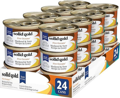 Solid Gold Five Oceans Holistic Grain Free Wet Cat Food, Mackeral & Tuna in Gravy, All Life Stages, 3oz Can, 24 Count (Packaging May Vary)
