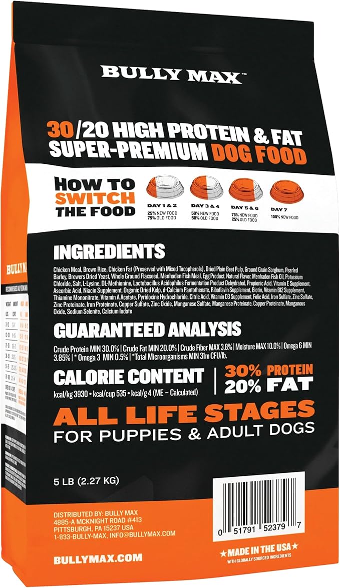 Bully Max Dry Dog Food for Adults & Pupppies - High Protein & Fat for Muscle & Weight Gain - High Performance Dog Food Supplements - Small & Large Breed Dogs (535 Calories Per Cup), Chicken, 5lb Bag
