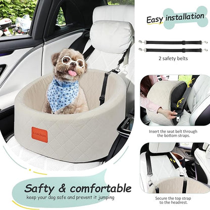 Dog Car Seat for Small Dogs Up to 30 Lbs,Ultra Soft Fabric Fill in Comfy Memory Foam,Happy Pet Ride,2 Safety Dog Leashes,Fully Detachable and Washable,Anti Slip Base(Beige)