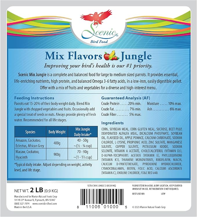 Scenic Mix Jungle Premium Parrot Food - Apple, Natural Flavors, High Protein, Low Iron Bird Pellets for Large Parrots, Macaw Food, Cockatoo & African Grey Parrots, Omega 3, Vitamins, 2lb (Pack of 2)