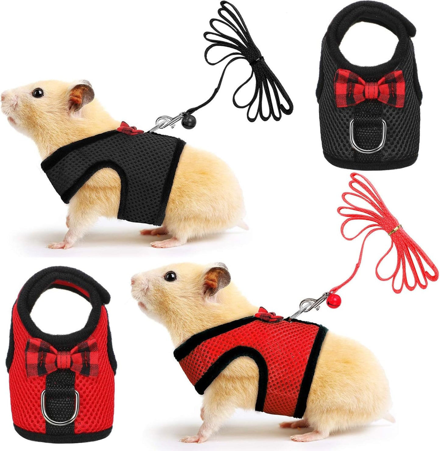 SATINIOR 2 Pieces Guinea Pig Bunny Harness Soft Mesh Hamster Rat Leash with Safe Bell, Ferret Pig Clothes and Leash Set for Hamster Ferrets Rats Bunny Guinea Chinchilla Teacup Chihuahua(S,Black, Red)