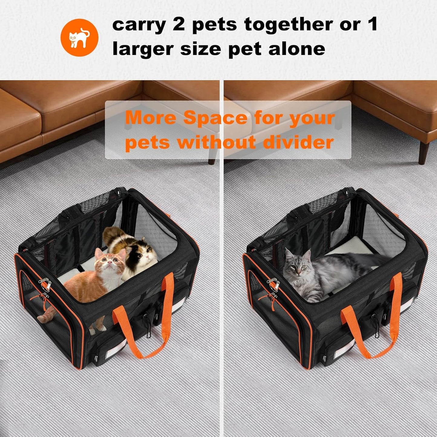 22''(L) x 16''(W) x 14''(H) Large Double pet Carrier for 2 Small-Medium Cats and car Travel,with a Removable Divider,Large Loading top,4 Pockets and Zipper Locks.