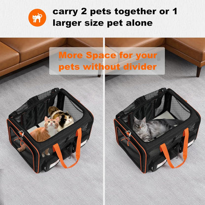 22''(L) x 16''(W) x 14''(H) Large Double pet Carrier for 2 Small-Medium Cats and car Travel,with a Removable Divider,Large Loading top,4 Pockets and Zipper Locks.