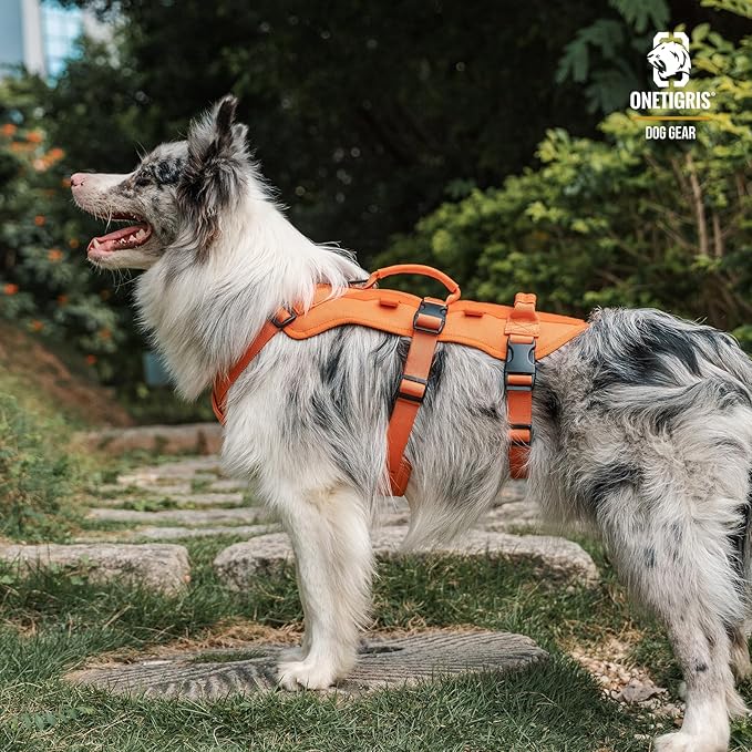 OneTigris Escape Proof Dog Harness, No Pull Dog Harness with Handles, Tactical Multi-Use Support Dogs Harnes for Large Dogs Everyday Wear Walking Hiking Training (Orange, X-Large)