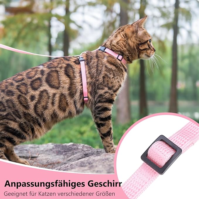 PUPTECK Adjustable Cat Harness and Leash Set Escape Proof Kitten Strap Collar for Walking Travel, Pink, M