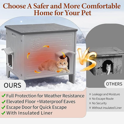 Outdoor Cat House with Insulated Liner, Large Weatherpoof Plastic Insulated Cats Houses with Escape Door Indoor Waterproof Feral/Pet Cat Shelter Outside for Puppy, Rabbit for Winter（Grey）