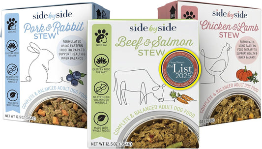 Side by Side Variety Stew - Warming/Cooling/Neutral Wet Dog Food & Dog Food Topper for All Breeds - Made with Nutrients & Whole Raw Ingredients - No Artificial Additives or Fillers (12.5 oz, 3-Pack)