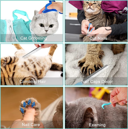 JULMELON Cat Washing Bag 10 PCS Set, Adjustable Cat Shower Net Bag and Pet Grooming Brush with Nail Clipper Nail File Hair Combs Tick Tool Nail Caps for Bathing Nail Trimming Examination（Grey+Green）