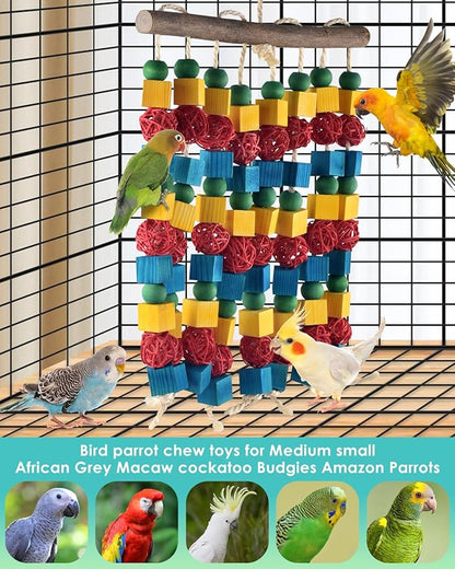 Large Parrot Toys, 17.7 inch Multicolored Natural Wooden Blocks Beads Rattan Balls, Bird Chew and Hanging Tearing Toys for Large Medium Birds Macaws African Grey Cockatoos Amazon Parrots