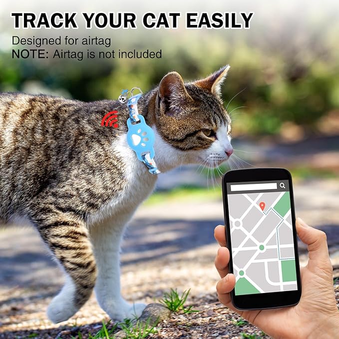 Airtag Cat Collar Breakaway, Cute GPS Cat Tracker Collars with Air Tag Holder, Safety Cat Collars with Bell & Pendant for Girl Boy Cats, Blue