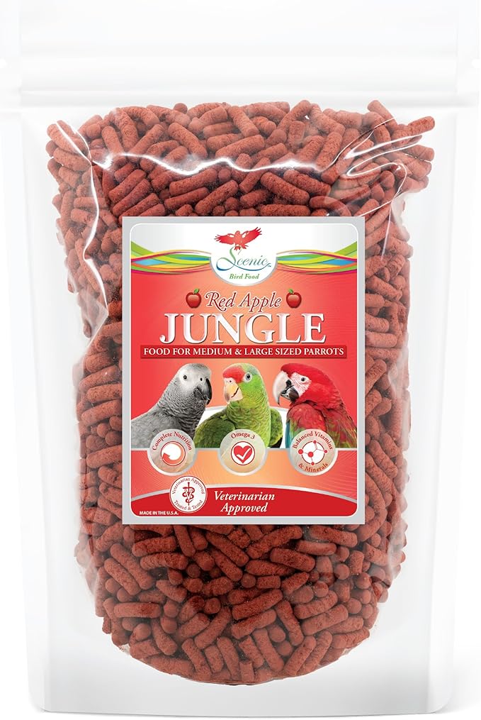 Scenic Apple Jungle Premium Parrot Food - Apple, Natural Flavors, High Protein, Low Iron Bird Pellets for Large Parrots, Macaw Food, Cockatoo & African Grey Parrots, Omega 3, Vitamins, Minerals, 1 LB