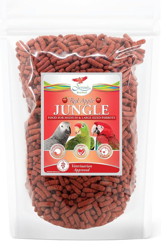 Scenic Apple Jungle Premium Parrot Food - Apple, Natural Flavors, High Protein, Low Iron Bird Pellets for Large Parrots, Macaw Food, Cockatoo & African Grey Parrots, Omega 3, Vitamins, Minerals, 1 LB