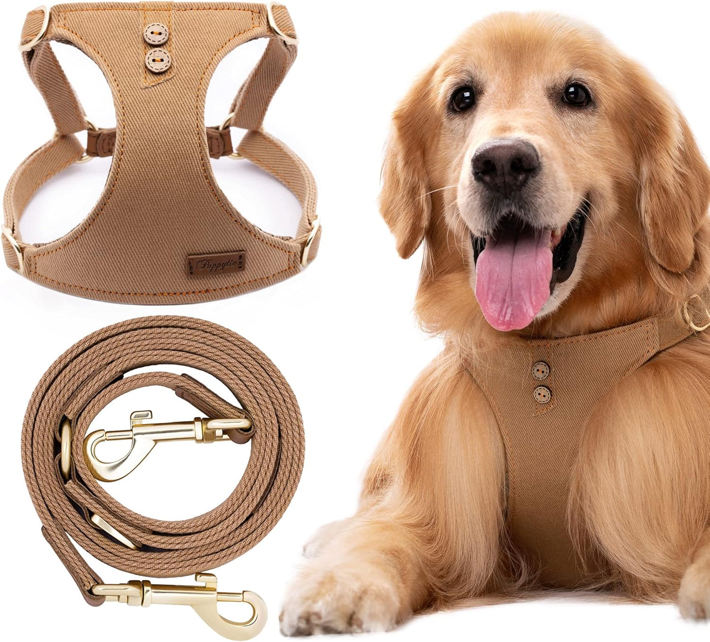 No Pull Dog Harness with Multifunction Dog Leash,Soft Adjustable No Choke Escape Proof Pet Harness Vest for Medium Dogs or Large Dogs,Khaki Camel,L
